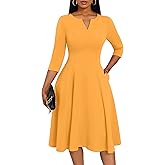 Nmoder Midi Dresses for Women A-Line Fit and Flare Casual Dress 3/4 Sleeve V Neck Cocktail Wedding Guest Work Dress with Pockets Yellow 3XL