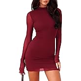 OZICERD Women Long Sleeve Bodycon Mini Dress Mock Neck Sheer Mesh Slit Going Out Dress Fall Rave Club Cocktail Party Dresses