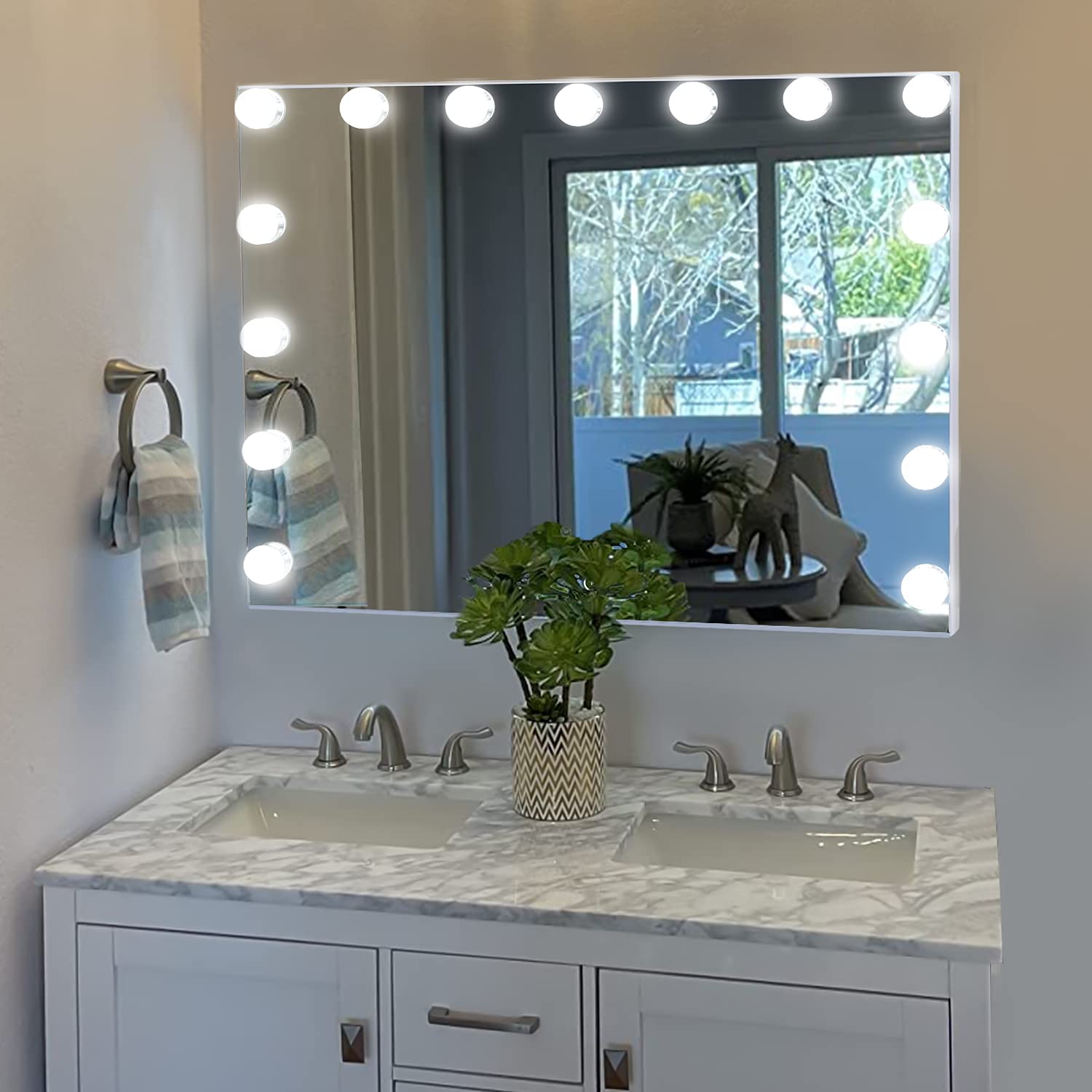 Vanity Mirror with Lights Lighted Makeup Mirror with 15 Dimmable LED Bulbs,3 Color Lighting Modes,USB Charging Port Touch Control,Sturdy Metal Frame Design 24x18 Inch,White