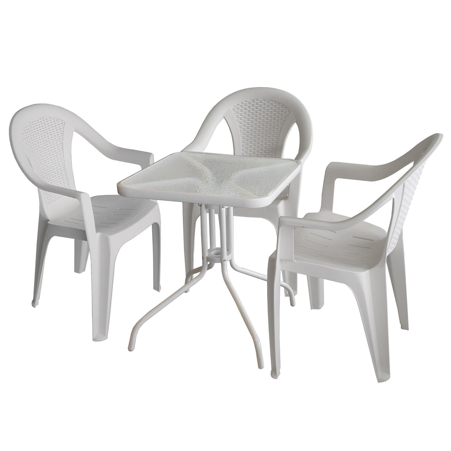 4tlg. Bistrogarnitur Glastisch 60x60cm + 3x Stapelstuhl ...