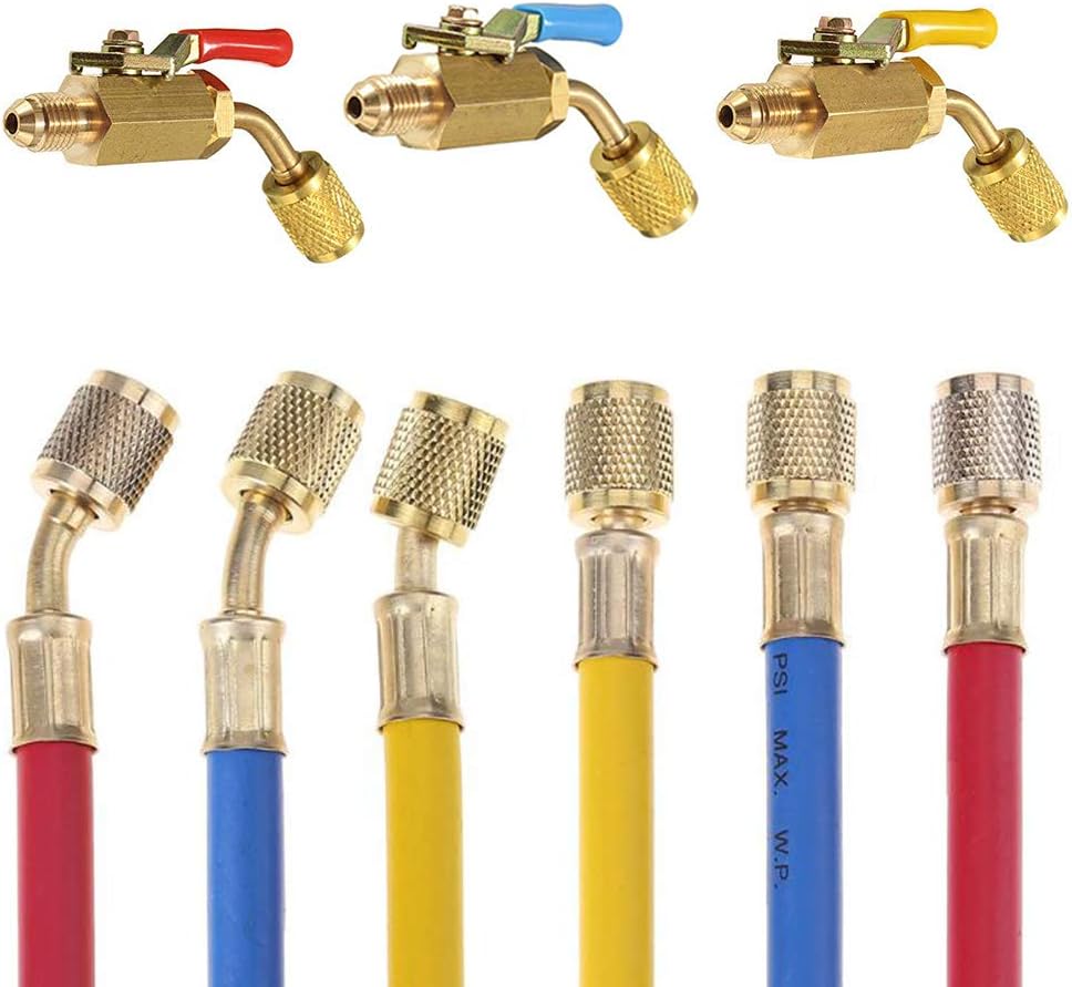 LIYYOO Refrigerant Charging Hose with Ball Valve Apply to R134A R12 R22 R502 R404 Refrigerant Air Conditioning Manifold Gauge 1/4" Thread Hose Set 60" Red/Yellow/Blue (Pack of 3): Automotive