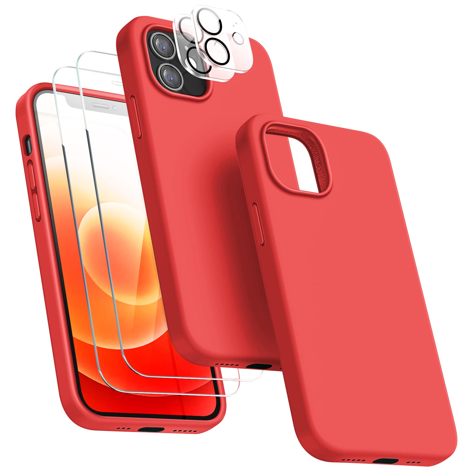 Photo 1 of JTWIE [5 in 1 Compatible with iPhone 12 Mini Case,Shockproof Silicone Case with [2 Screen Protectors and 2 Camera Protectors] for iPhone 12 Mini 5.4 Inch Red…