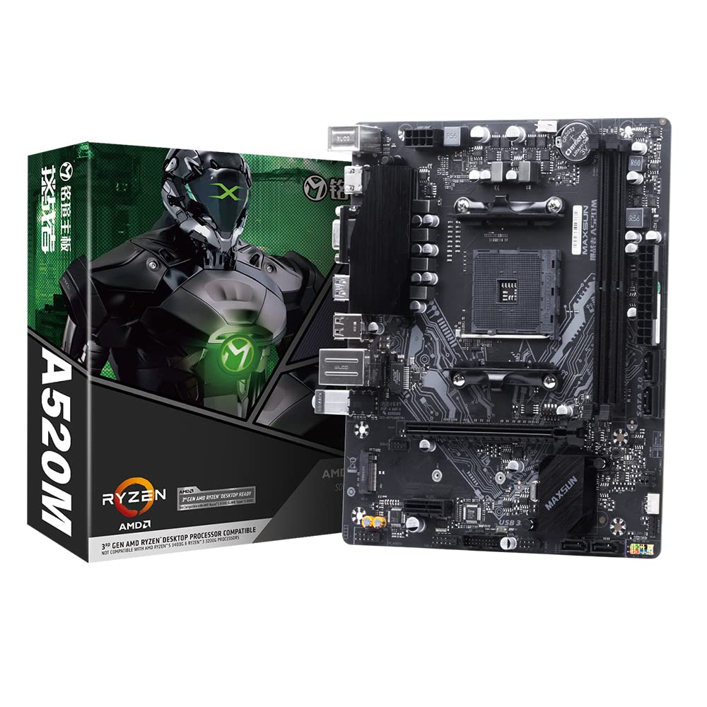 MAXSUN A520 M-ATX Motherboard AMD AM4 Zen 3, DDR4, PCIe3.0 x16, SATA 6Gb/s, M.2, USB 3.1, HDMI/VGA for All Ryzen 1000-4000 Series APU/CPU and Ryzen 5000 Series CPU (5000 APU need Bios Flash)