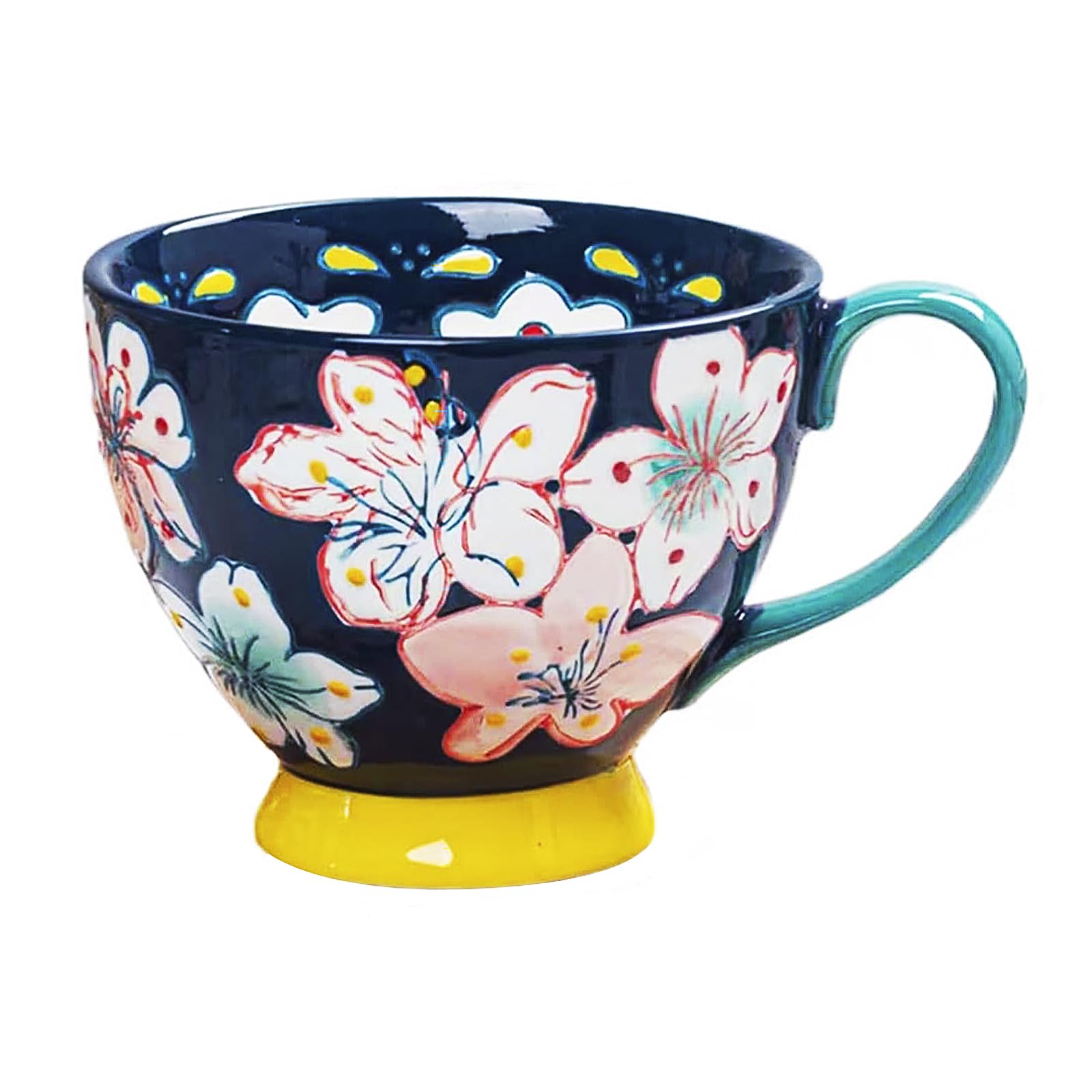 RUIXIA Hand Painted Coffee Mug Retro Large Capacity Ceramic Mug Breakfast Cup Floral Pattern Porcelain Tea Cups with Handle Underglaze Color for Home Kitchen
