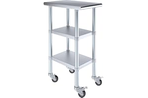 AmGood Stainless Steel Work Table with 2 Shelves and Casters | Metal Utility Table On Wheels (Stainless Steel Work Table with 2 Shelves + Casters, 15" Long x 24" Deep)