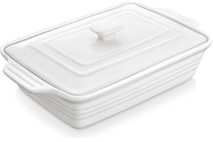 MALACASA 4.4 Quart Baking Dish With Lid, Porcelain Casserole dish with Lid, 13 x 9 Lasagna Pan Deep with Lid, Rectangular Bakeware With Handle, Microwave, Oven Safe, White, Series BAKE