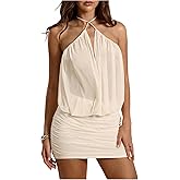 SweatyRocks Women's Sheer Mesh Dress Halter Backless Draped Bodycon Mini Cocktail Dresses
