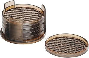 iDesign Twillo Plastic Drink Coasters with Holder for Home Counters, Kitchen, Dining Room, Living Room, Patio, Coffee Table, 4.25" x 4.25" x 2.5", Set of 6 - Bronze