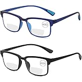 CARA 2 Pack Premium Bifocal Reading Glasses for Men, Super Light TR90 Frame Women Small Line Computer Eyeglasses, Far and Near Dual-use Readers Black Blue 2.5x