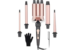 Wand Curling Iron Hair Crimper, Emocci Pro Large 3 Barrel (0.35"-1.25" Ceramic Barrel) Hair Crimper for Women Beach Waves Instant Heat Hair Waver Set for Long Hair Curlers 5-in-1 Curling Wand Set