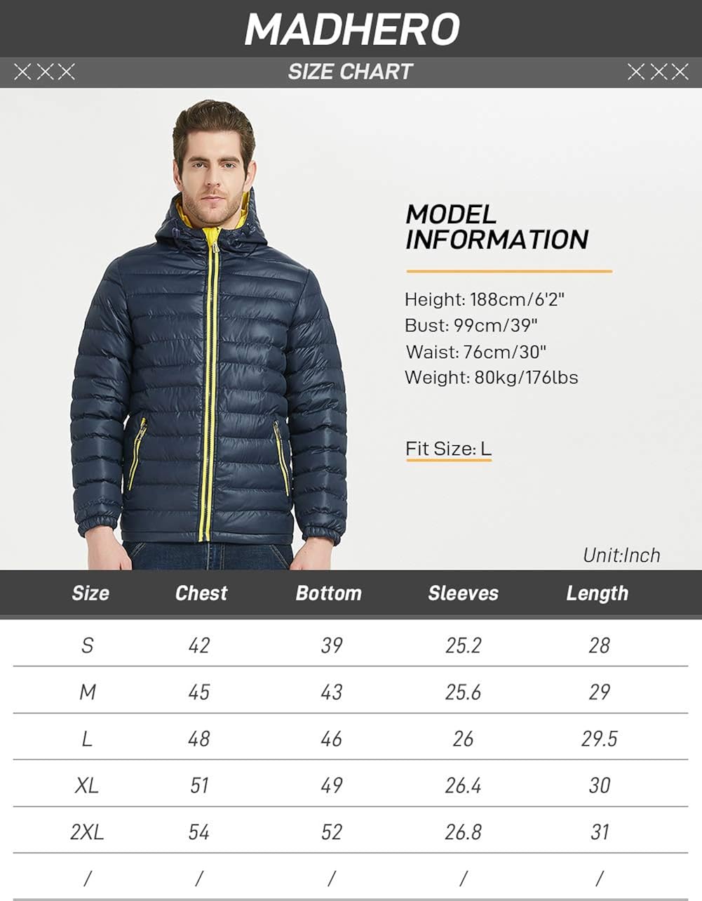 MADHERO Men's Puffer Jacket Water-Resistant Insulated Down Alternative Outerwear Coats: Clothing