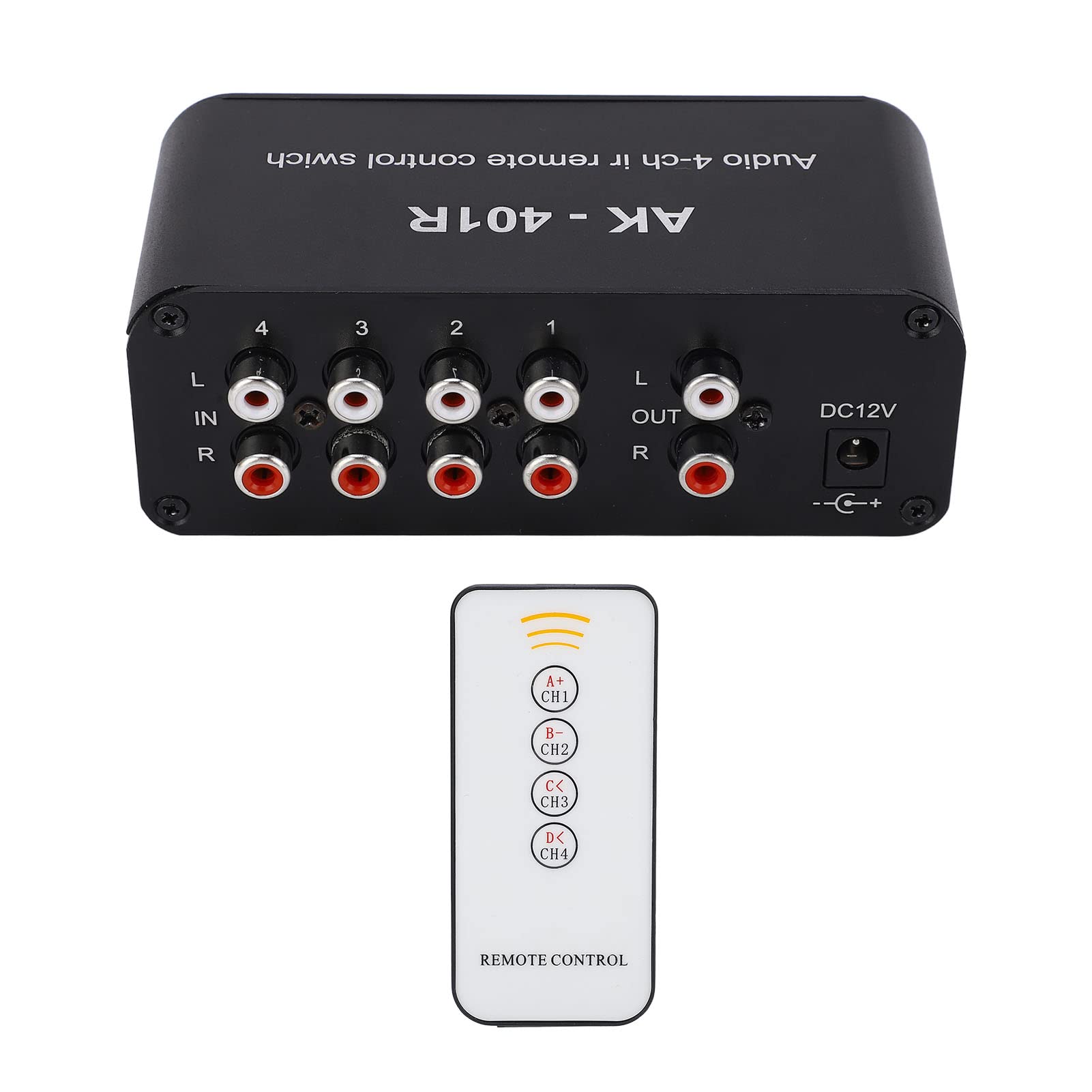Kadimendium Audio Switch 1 In 4 Out DC 12V RCA Signal Selector Audio Splitter Audio Switcher Box with Remote Control For Computer Smartphone Audio System
