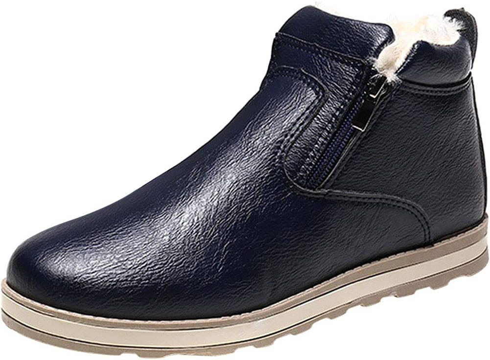 Wealsex Mens Fashion Winter Warm Shoes Fully Fur Lined Snow Boots Leather Side Zip Casual Outdoor Boots Anti Slip