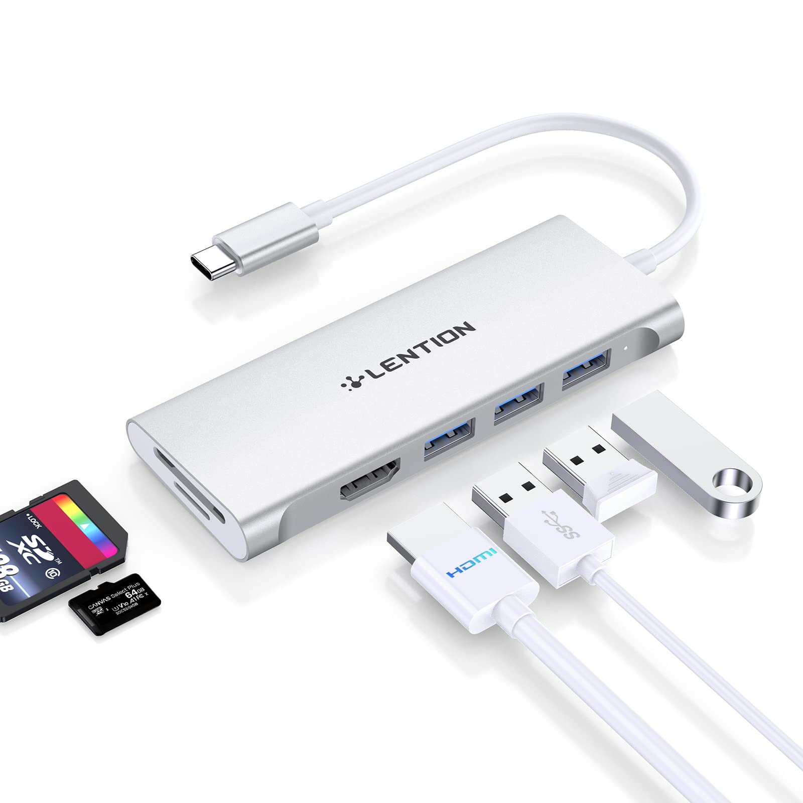 LENTION USB C Hub with 4K HDMI, 3 USB 3.0, SD 3.0 Card Reader Compatible 2025-2016 MacBook Pro, New Mac Air/iPad Pro/Surface, More, Multiport Stable Driver Dongle Adapter (C34,Sliver)