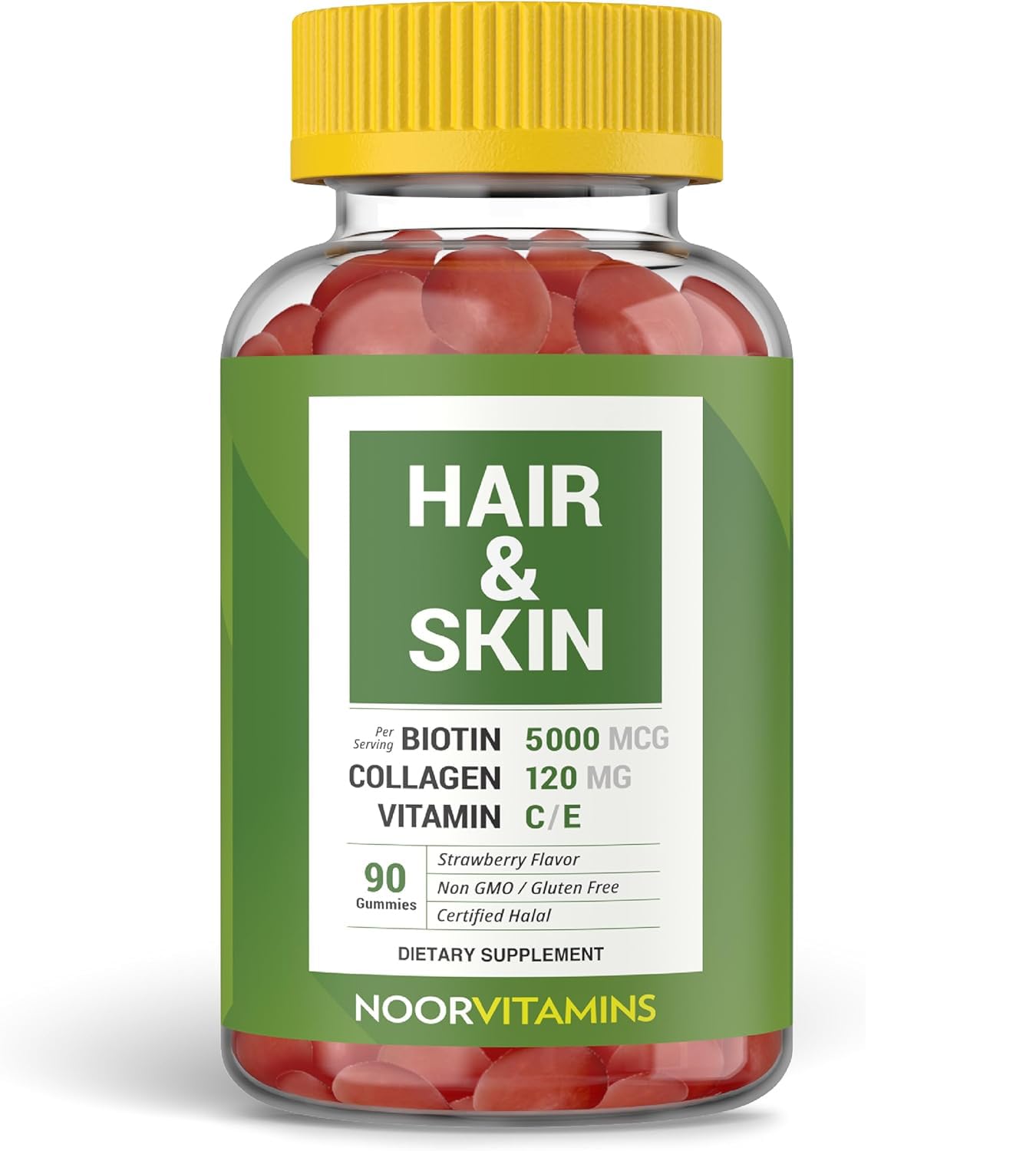 Noor Vitamins Halal Hair Vitamins Biotin, Collagen, Silica, Vitamin C & E Supports Hair, Skin & Nail Health; Natural Strawberry Gummy Vitamins. GMO, Gluten Free & a Certified Halal Vitamin (90 Count)