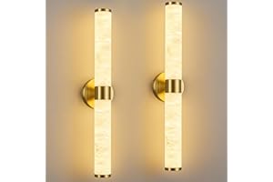 LMQNINE Natural Alabaster Wall Sconces Set of Two Modern Gold LED Wall Lights 24" Spanish Marble Cylinder Sconces for Living 