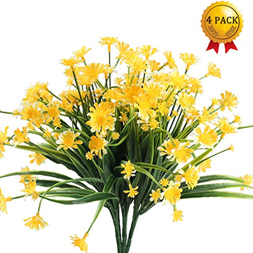 Nahuaa Fake Plants, 4PCS Artificial Daisy Flowers Greenery Bush Faux Plastic Wheat Grass Shrubs Table Centerpieces Arrangements Home Kitchen Office Indoor Outdoor Spring Decorations Yellow - Thumbnail 7