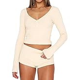 INFITTY Womens Sexy Vneck 2 Piece Sets Casual Long Sleeve Button Short Pajama Outfit 2026 Trendy Crop Top Nightwear