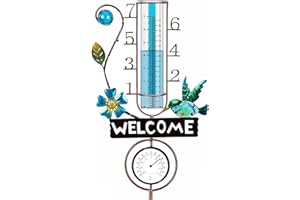 SHANNA Rain Gauge Outdoor with Metal Stake, Large Number Rain Gauges Outdoor for Garden Decor with Thermometer, Large Font-Easy to Read, 7" rain Guage Glass Tube is Removable and Freeze Proof, Hummingbird
