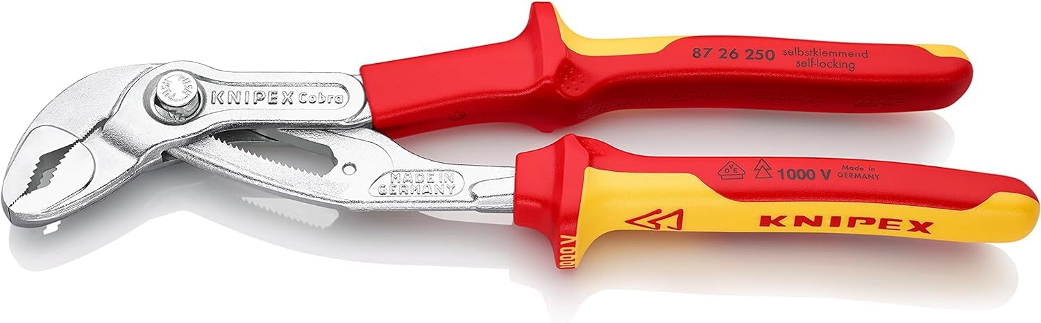 KNIPEX Cobra VDE High-Tech Water Pump Pliers, Insulated Self-Service Card Chrome-Plated Insulated with Multi-Component Grips, 87 26 250 SB