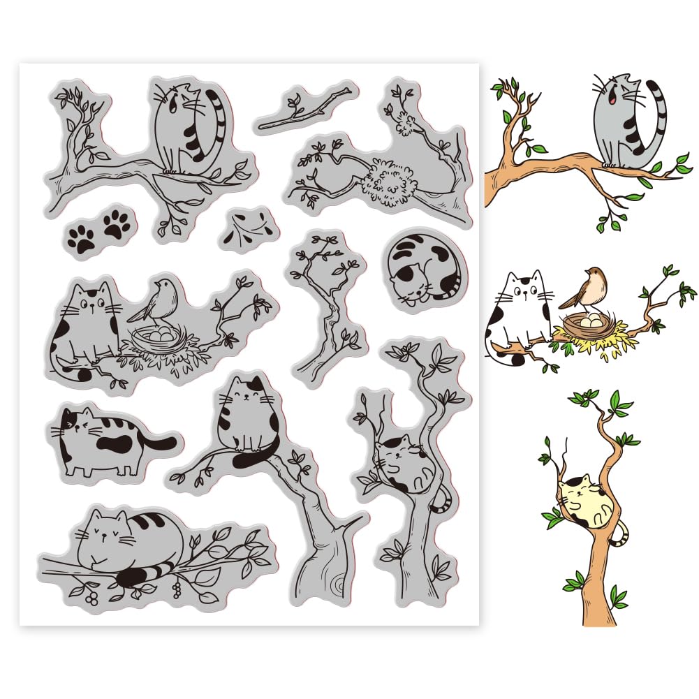 GLOBLELAND Cartoon Cat and Branch Cling Rubber Stamp 7.09x8.66inch Cat and Tree EVA Stamps Embossing Stamp Seal Rubber Stamps for DIY Scrapbooking and Card Making Paper Craft Decor