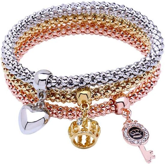 MEIDIJINGBEI 3PCS Gold/Silver/Rose Gold Corn Chain Crystal Charms Multilayer Bracelets for Women