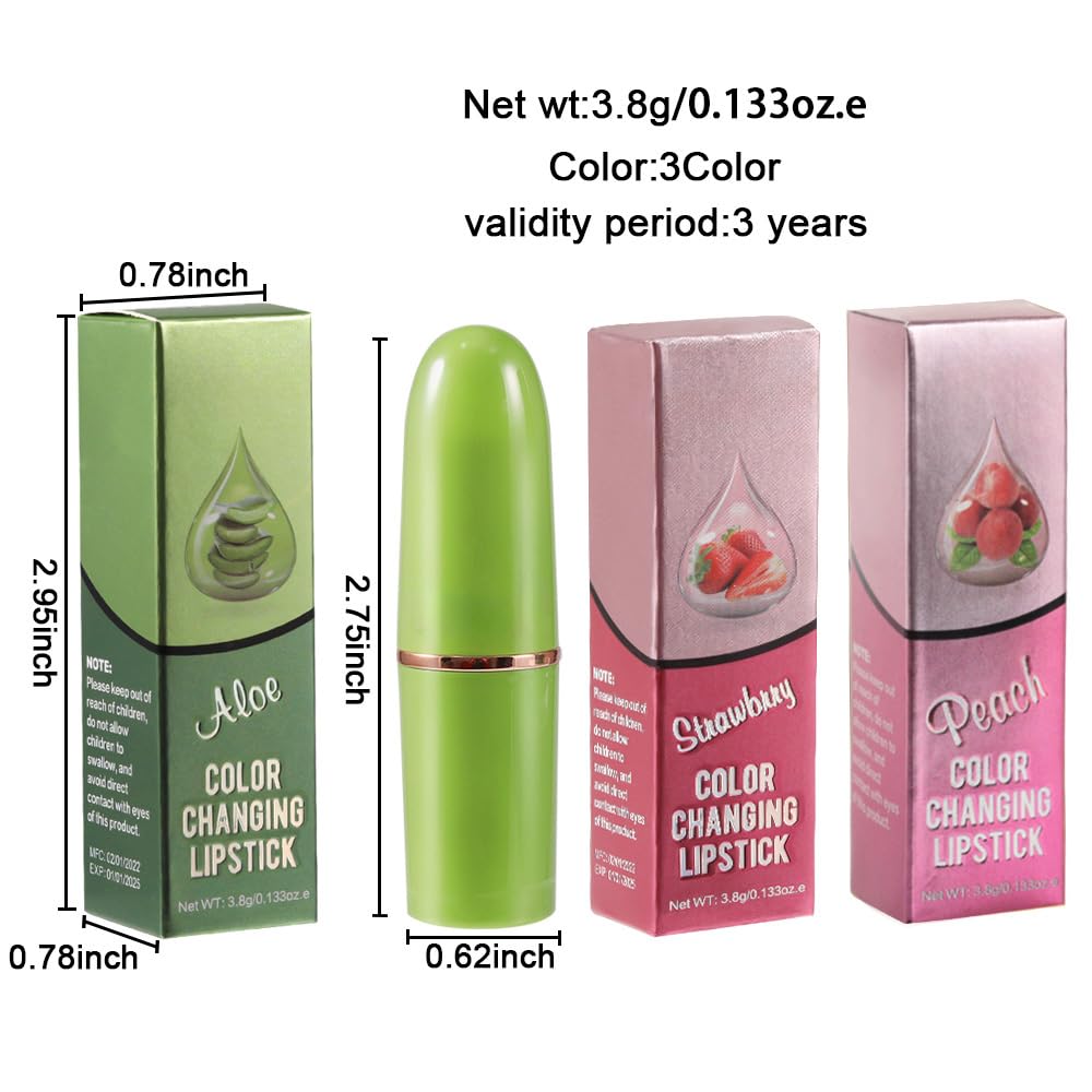 BINGBRUSH Aloe vera Color Changing Lipstick,Moisturizer Long Lasting Lip Care Magic Lip Gloss,Makeup Lipstick Set (3pcs Aloe+Strawberry+ Peach, 3 Count (Pack of 1))