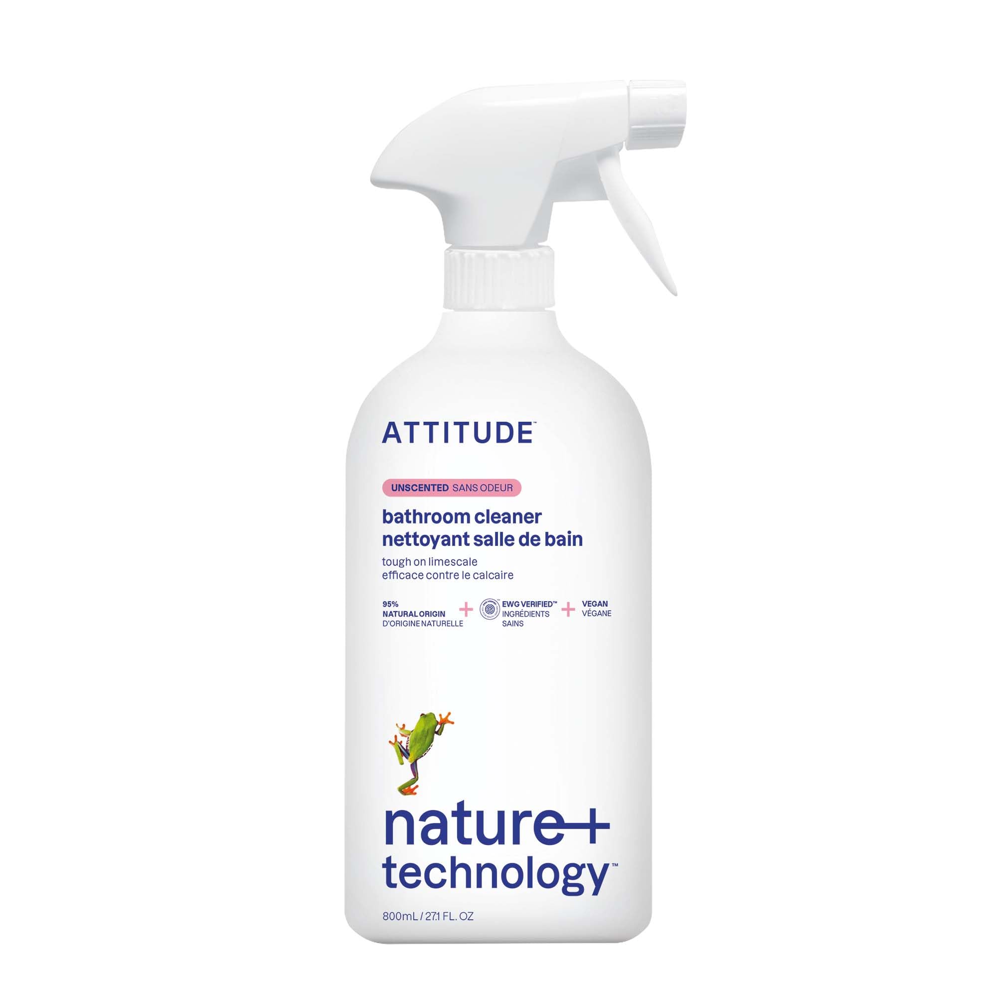 ATTITUDE Bathroom Cleaner Spray, EWG Verified, Plant-Based & Vegan, Safe for Bathroom Surfaces, Tiles, Tubs, Shower Walls, and Grout, Unscented, 27.1 Fl Oz