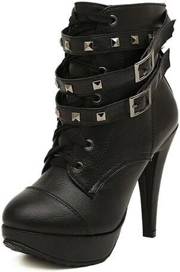 ROSEUNION Womens Ladies Punk Style Stiletto High Heel Platform Lace Up Ankle Boots Biker Boots Black
