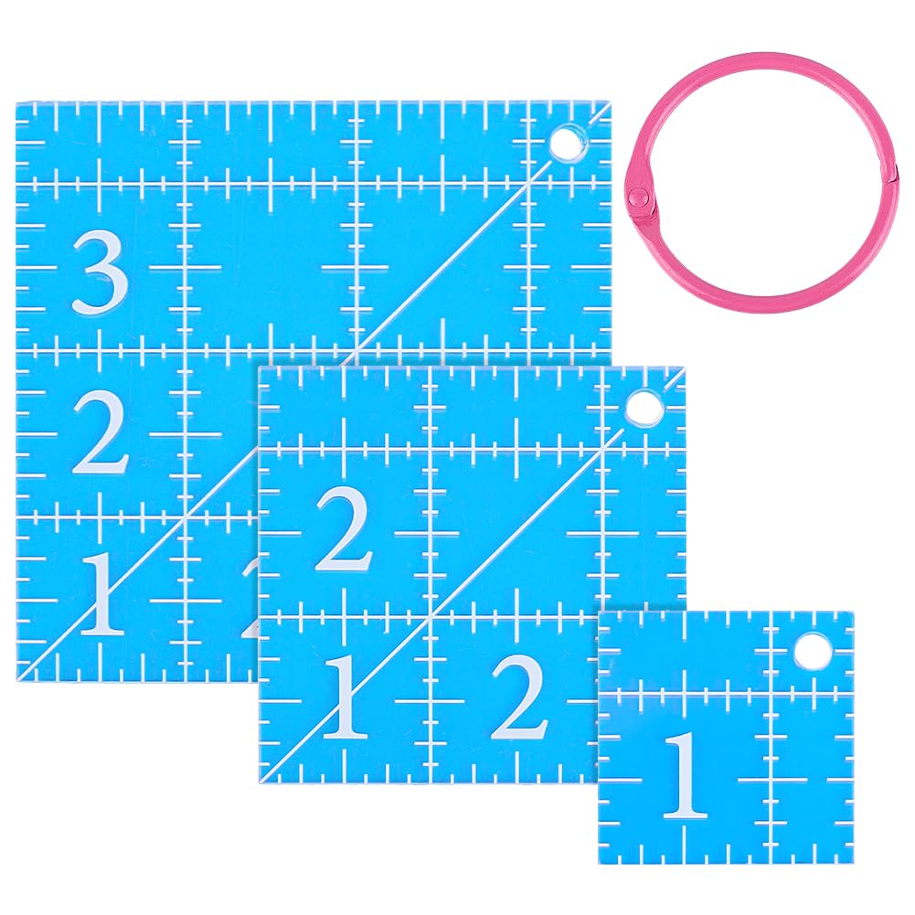 DELORIGIN 3Pcs Square Quilting Templates, Acrylic Quilting Ruler(1.5"X1.5", 2.5"X2.5", 3.5"X3.5") with Binder Ring DIY Sewing Tools Accessories for DIY Patchwork Stitch Works Fabric Crafts