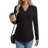 TICTICMISS Women's Collared V Neck Tops Long Sleeve Shirts Button Basic Casual Tunic Blouses