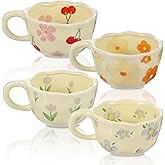 Lemecima 4 Styles Cute Ceramic Flower Coffee Mug Set 8.5 oz Vintage Aesthetic Porcelain Floral Tea Coffee Cup with Handle Dishwasher Microwave Safe for Thanksgiving Christmas Gifts for Women Gifts