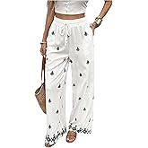 SweatyRocks Women's Boho Leaf Print Elastic Waist Pants Casual Drawstring Loose Long Trousers
