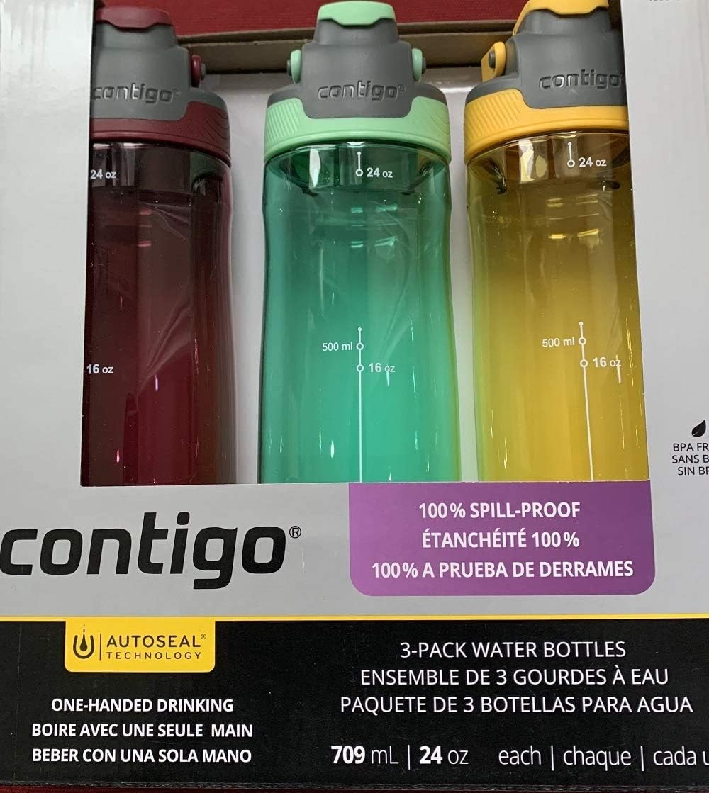 Contigo Auto Seal 3Pack Water Bottles (Red, Green, Yellow), Sports