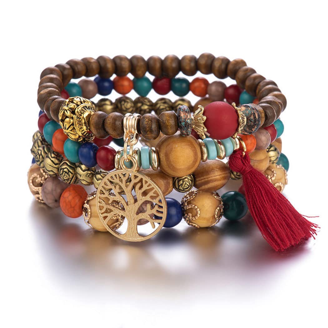Branets Bohemian Wood Beaded Bracelets for Women Multilayer Stretch Tassel Bracelets Set Tree of Life Charm Love Statement Bangles for Girls