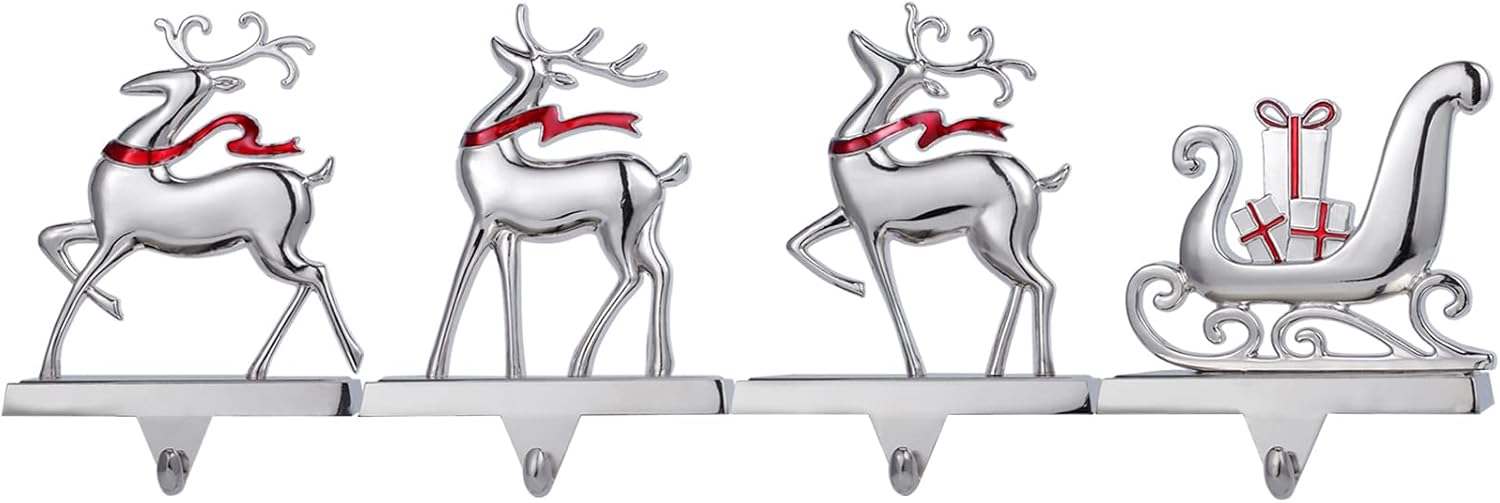 Stockings & Holders - Deer Christmas Stocking Holders for Mantle Set of 4,Silver Christmas Stocking Hangers for Fireplace Mantel Hanger Hooks for Stocking Hanging Ornament Firepiece Xmas Decor ( Reindeer and Sleigh)