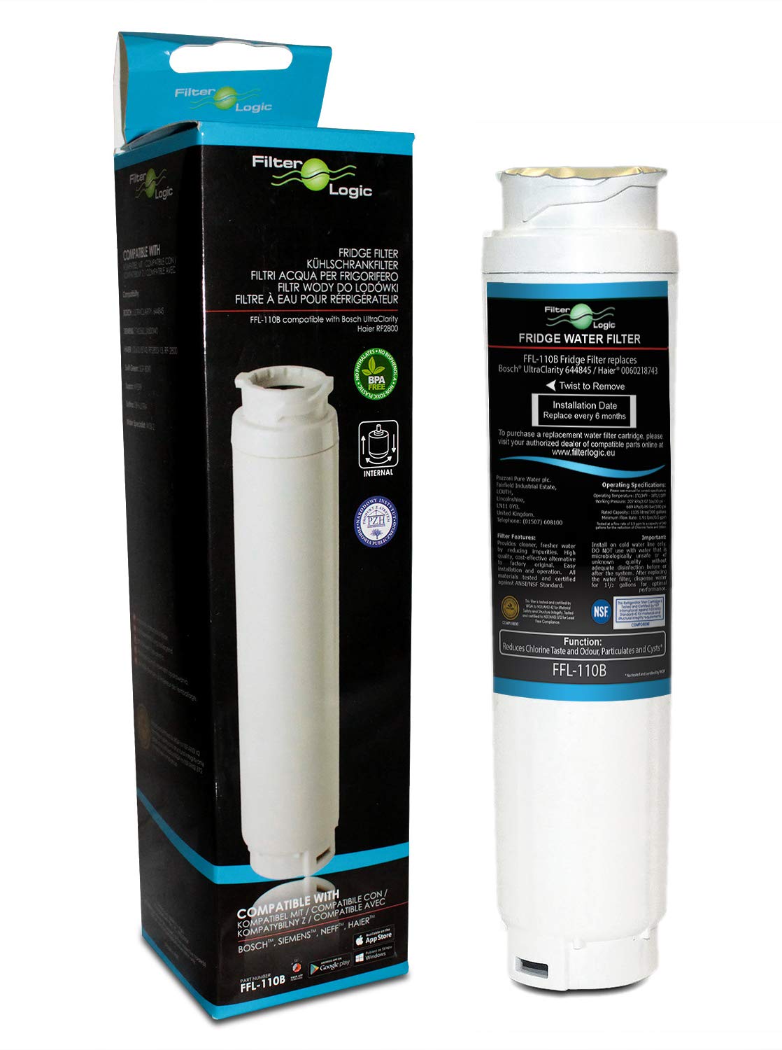 FilterLogic FFL-110B Fridge Water Filter Compatible with UltraClarity 00740560, 740560/644845 for BOSCH, SIEMENS, Neff, Gaggenau, Miele, HAIER 0060820860, RF-2800-13, SUPCO WF299 (1 Pack)