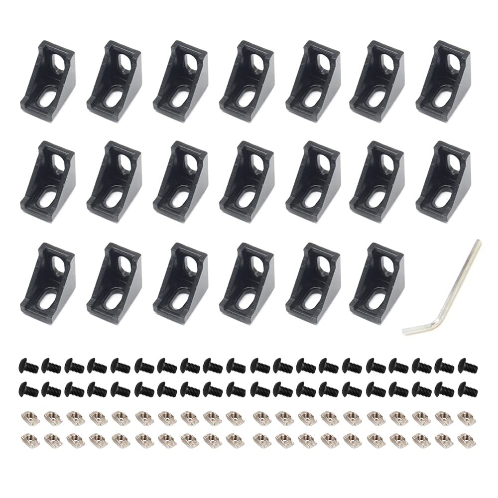 Zeberoxyz 20PCS 2028 Corner Bracket Black Right Angle with Screws 20Series 2 Hole Aluminum Brackets for Slot 6mm Aluminum Extrusion Profile Accessories (20pcs Black with Nut)