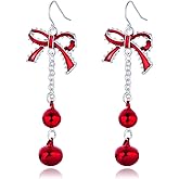 Lightweight Christmas Red Bow Knot Piercing Dangle Earrings Jingle Tassels Silver Plated Women Holiday Gift