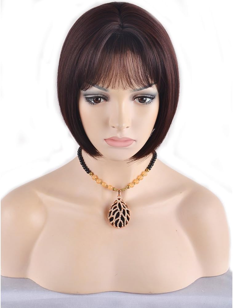 Women's Short BoBo Hair Heat Resistant Synthetic Full Wig Cosplay Party Wigs (Brown) +Wig Cap+Eyelash