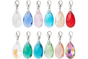 DELORIGIN 12pcs Faceted Teardrop Pet Collar Charms, Glass Pendant Decorations for Pets Colorful Clip-on Charms Jewelry Charms for Cat Dog Rabbit Necklace DIY Keyring Pendants Bag Decor