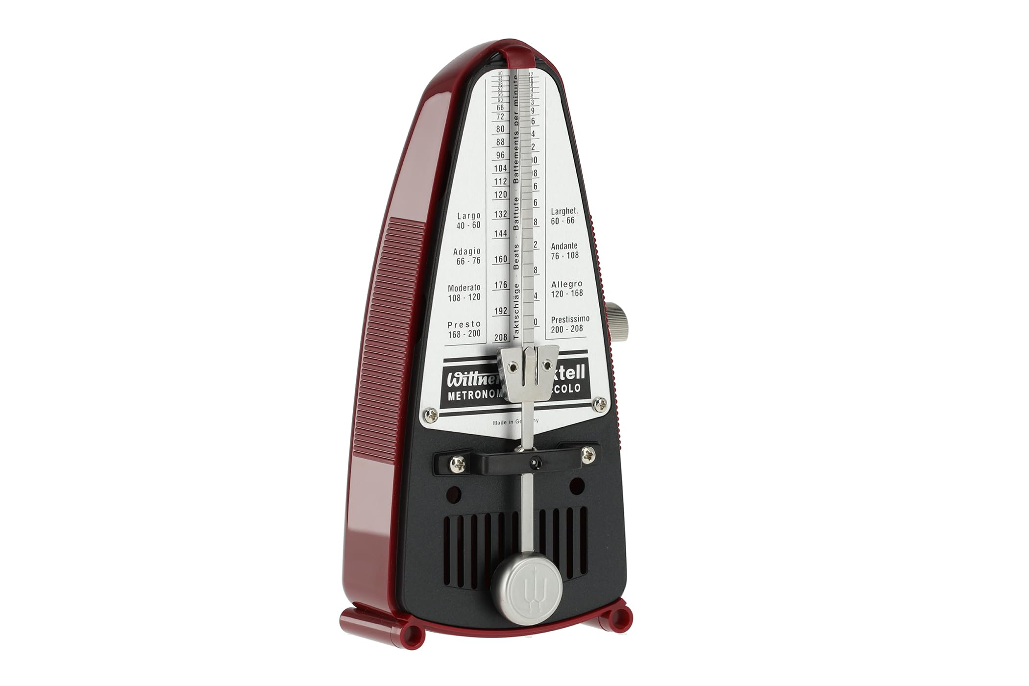 Wittner Metronome Taktell Piccolo Series 830 - Plastic casing - Without bell - Ruby red - Mechanically wound - No batteries required - Made in Germany