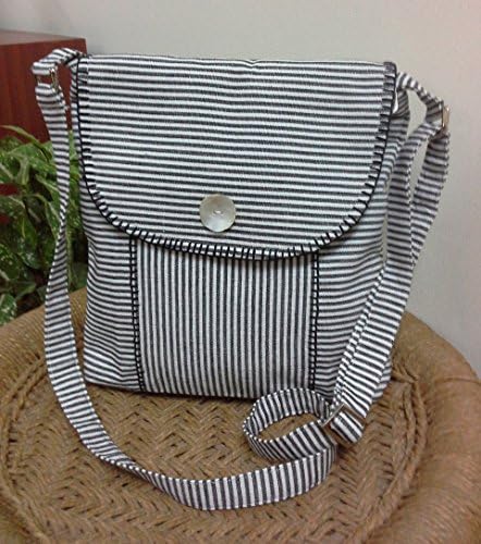 Panigha India Handmade Black n White pin stripe Cross-Body Sling bag with Flap and zipper closure and long adjustable belts