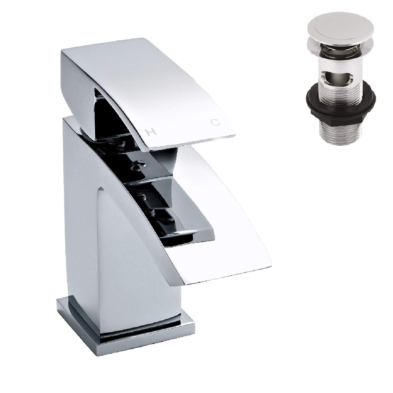 nuie TSI315 Vibe | Modern Cloakroom Bathroom Square Lever Handle Mini Mono Basin Mixer Tap with Free Push Button Waste, 48 x 137 x 131mm, Chrome