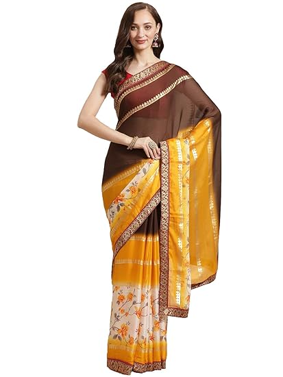 Shaily Womens Georgette Floral Print with Printed Lace Border Saree[Brown]