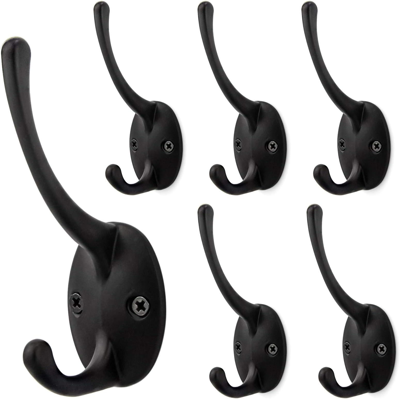 Wall Mounted Coat and Hat Hook Dual Robe Hanger 1" Wide Small Double Prong Hook, 6 Pieces, Black