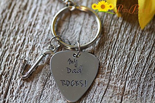 My Dad Rocks Guitar Pick Keychain With Saxophone - Custom Aluminum, Brass, Stainless Steel or Copper Guitar Pick - Great Music Lover Gift