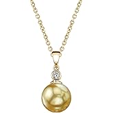 The Pearl Source 14K Gold 9-10mm Round Golden South Sea Cultured Pearl & Diamond Michelle Pendant Necklace for Women