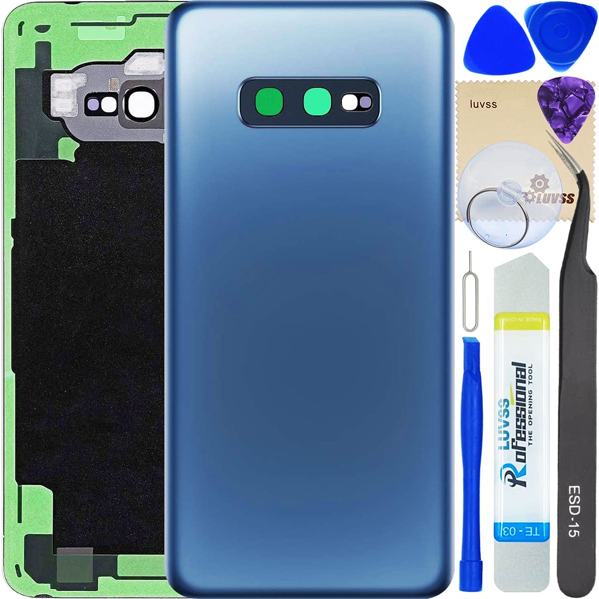 LUVSS for Samsung Galaxy S10e SM-G970 Backing Cover Glass Replacement Panel Case Housing + Camera Lens + Repair Manual DIY Tools Kit (Prism Blue)