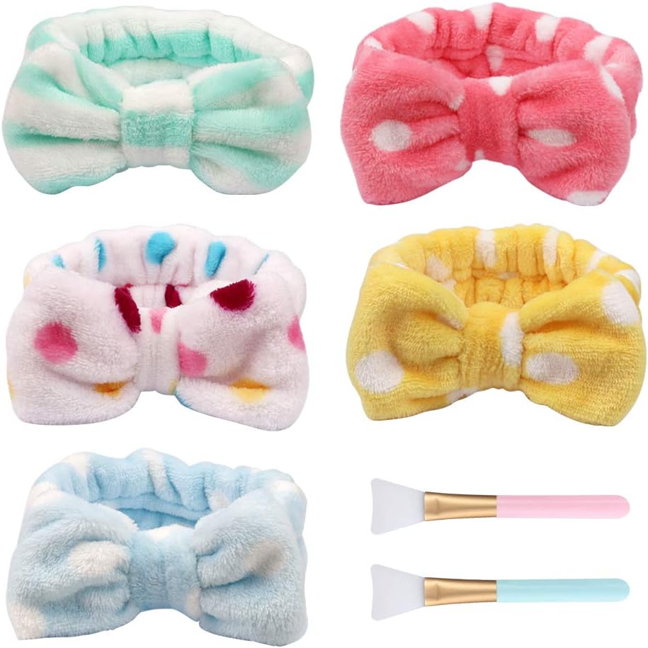 Jaciya Spa Headband Hair Wrap Sweat Headband Head Wrap Hair Towel Wrap Non-slip Stretchable Washable Makeup Headband for Face Wash Facial Treatment Sport Pack of 5 with 2 Facial Mask Brushes